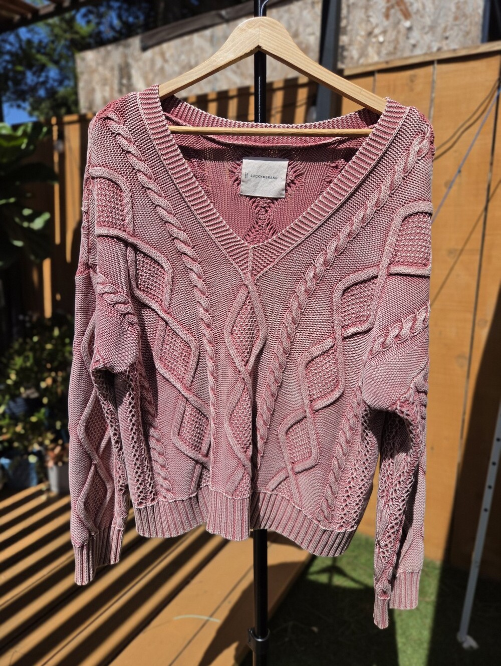 Lucky Brand Rose Cable Knit V-Neck Sweater